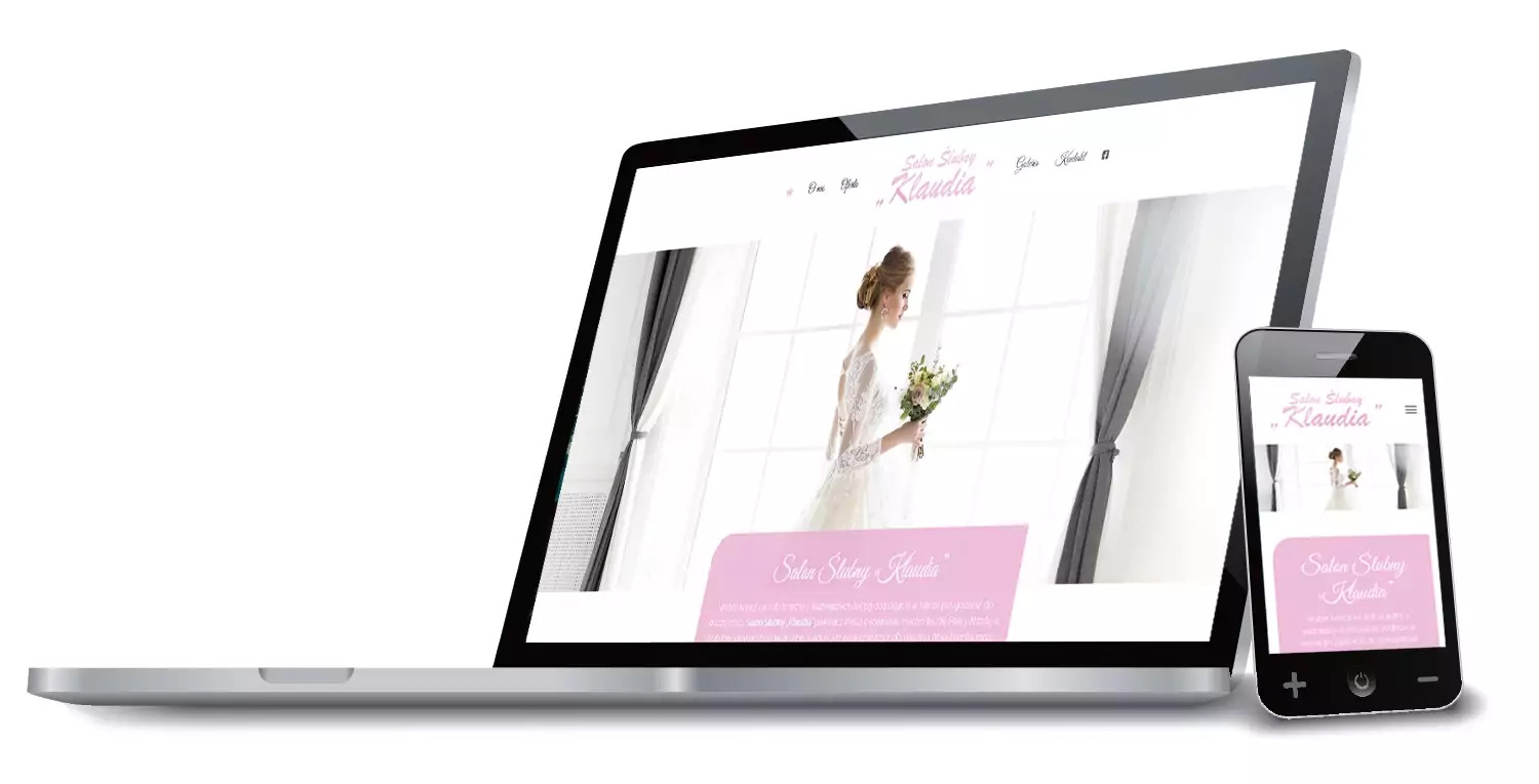 Laptop i smartfon wyświetlające responsywną stronę internetową salonu sukien ślubnych z portretem panny młodej w oknie przeglądarki.