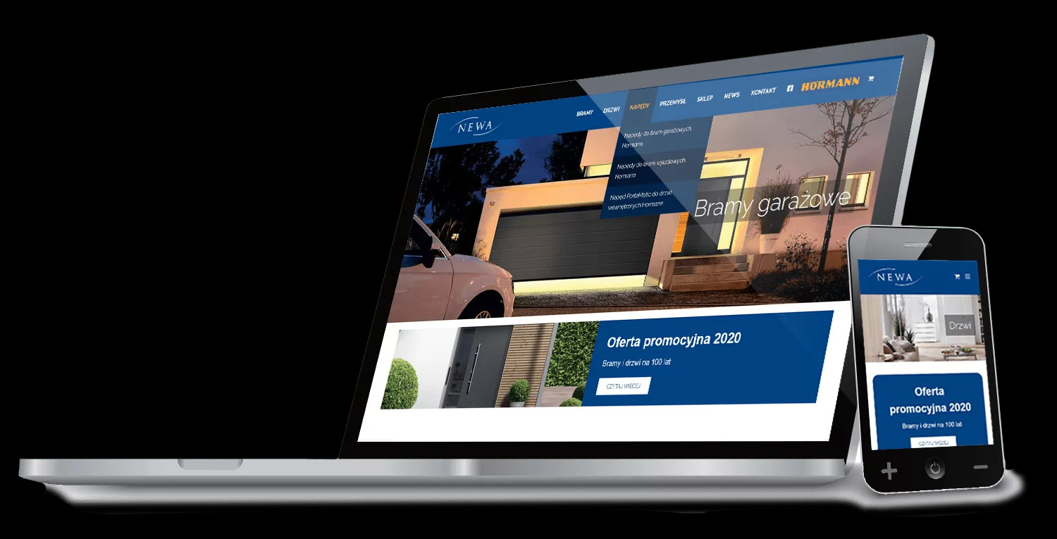 Laptop i smartfon wyświetlają stronę internetową firmy Newa z ofertą bram garażowych i drzwi. Na ekranie laptopa widoczna brama garażowa i oferta promocyjna 2020. Na smartfonie powtórzona oferta...