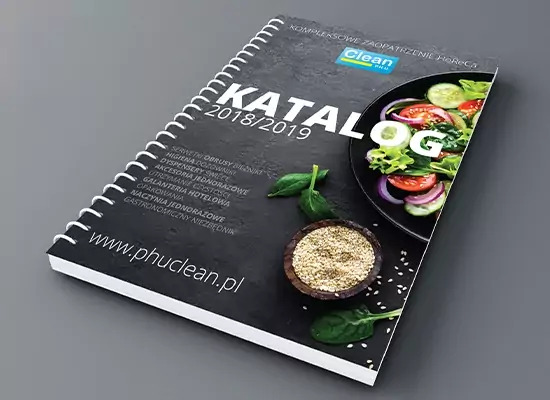 Katalog spiralny firmy phuclean.pl z ofertą zaopatrzenia HoReCa, widoczna okładka z sałatką, przyprawami i listkami szpinaku.