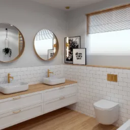 Nowoczesna łazienka z dwoma okrągłymi lustrami, białymi umywalkami nablatowymi z złotymi bateriami, białymi szafkami z drewnianym blatem, złotym grzejnikiem drabinkowym i drewnianymi żaluzjami...