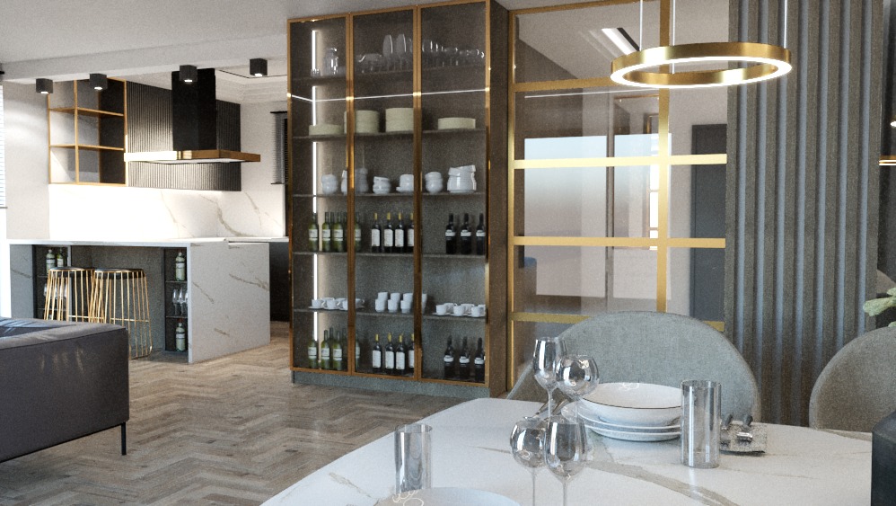 Nowoczesna jadalnia z marmurowym stołem, szklanymi kieliszkami i designerskim oświetleniem w tle w pełni wyposażona kuchnia z barkiem i regałem na wina.