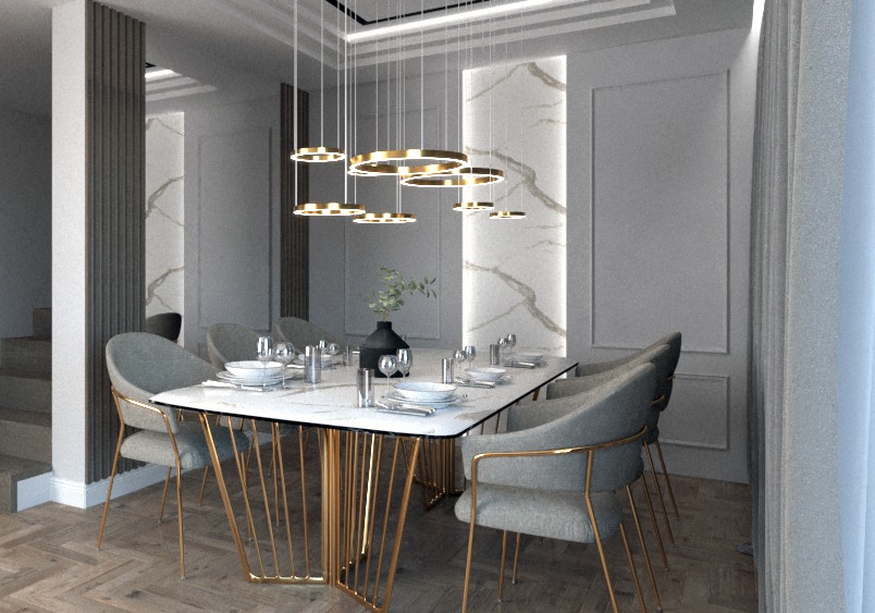 Elegancka jadalnia z marmurowymi ścianami, białym stołem z marmurowym blatem i złotymi nogami oraz szarymi krzesłami z złotymi ramami, oświetlona nowoczesną lampą wiszącą z okrągłymi, złotymi...