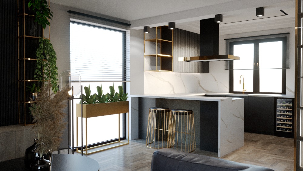 Nowoczesna kuchnia z wyspą, czarne szafki, marmurowy blat, złote akcenty, wysokie krzesła barowe z metalowymi nogami, rośliny w donicach, oświetlenie punktowe, dekoracyjny regał z roślinami pnącymi.