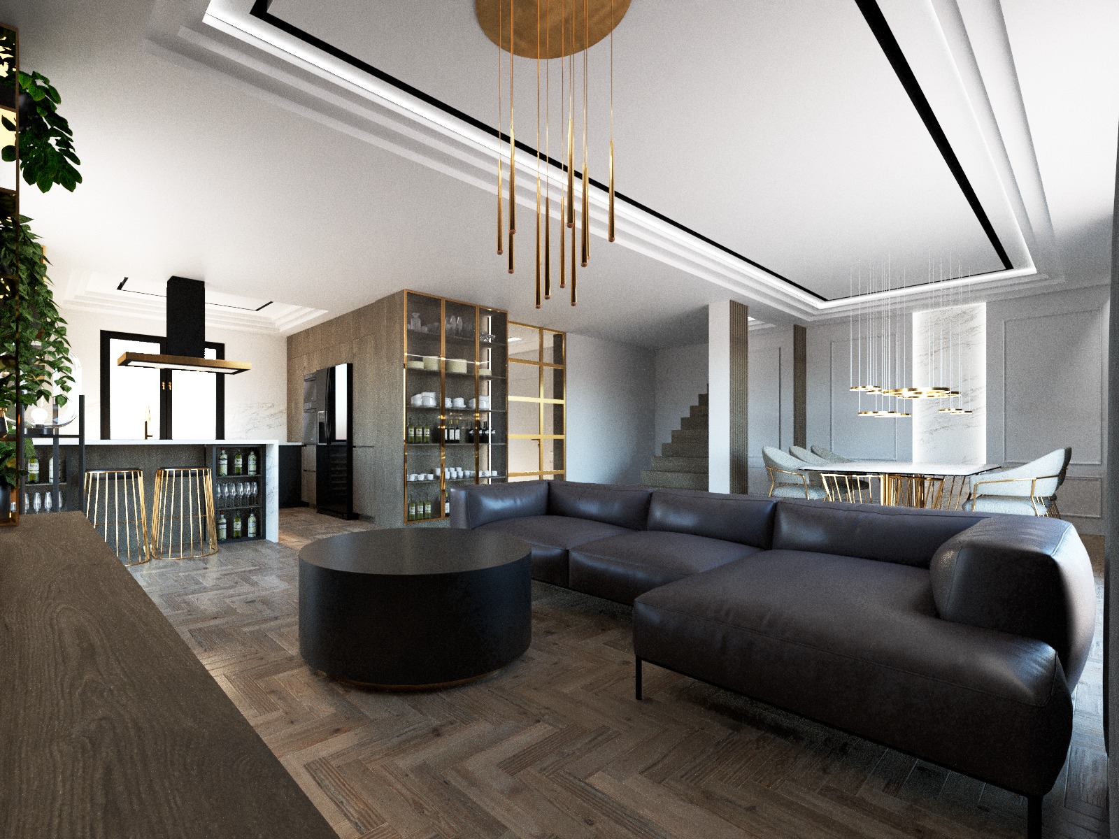 Nowoczesny salon z ciemnoszarą, narożną sofą, okrągłym stolikiem kawowym, drewnianą podłogą w jodełkę i otwartą kuchnią z wyspą oraz złotymi akcentami oświetleniowymi i dekoracyjnymi.