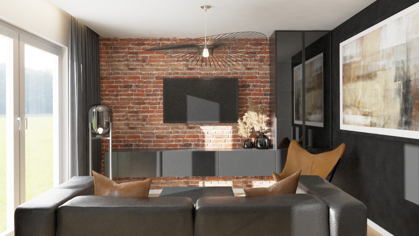 Nowoczesny salon w Warszawie z ceglaną ścianą, minimalistycznym oświetleniem i ciemną sofą, uzupełniony o abstrakcyjny obraz i dekoracyjne wazony z suszonymi trawami.