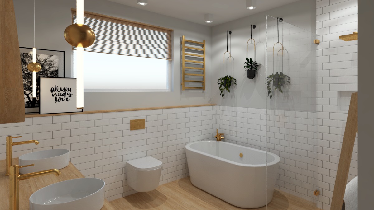 Wizualizacja nowoczesnej łazienki z białymi płytkami, drewnianymi akcentami, owalną wanną, wiszącą toaletą, dwoma umywalkami na drewnianym blacie z złotymi bateriami, złotym grzejnikiem drabinkowym...
