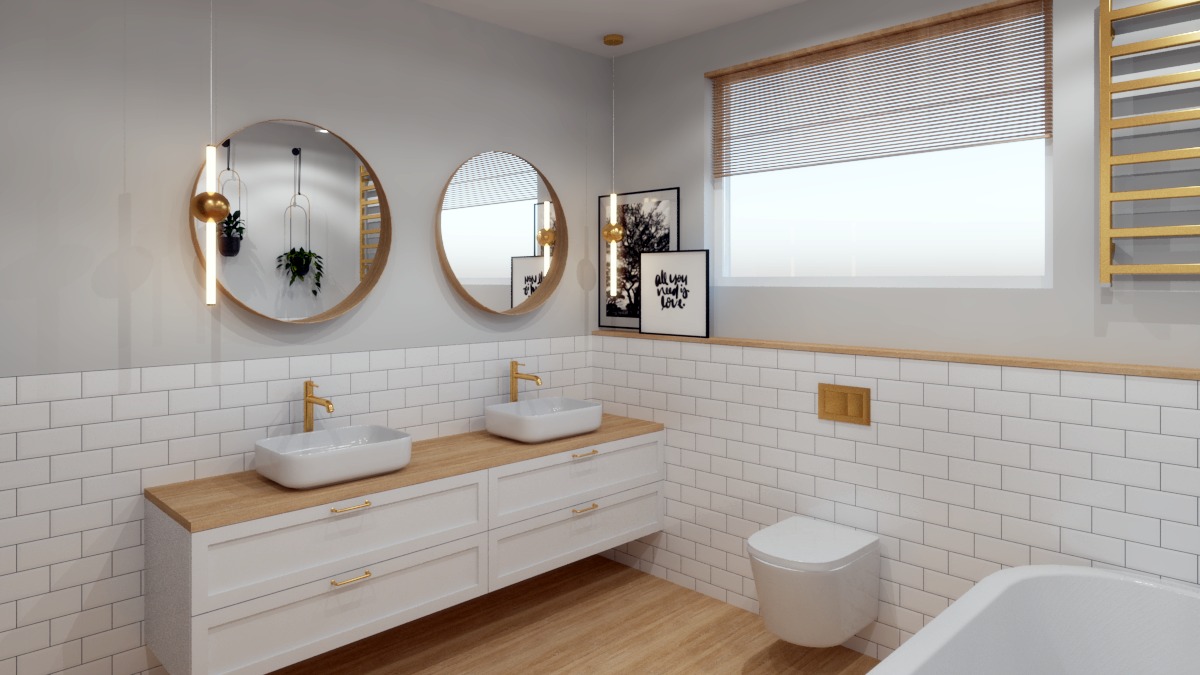 Nowoczesna łazienka z dwoma okrągłymi lustrami, białymi umywalkami nablatowymi z złotymi bateriami, białymi szafkami z drewnianym blatem, złotym grzejnikiem drabinkowym i drewnianymi żaluzjami...