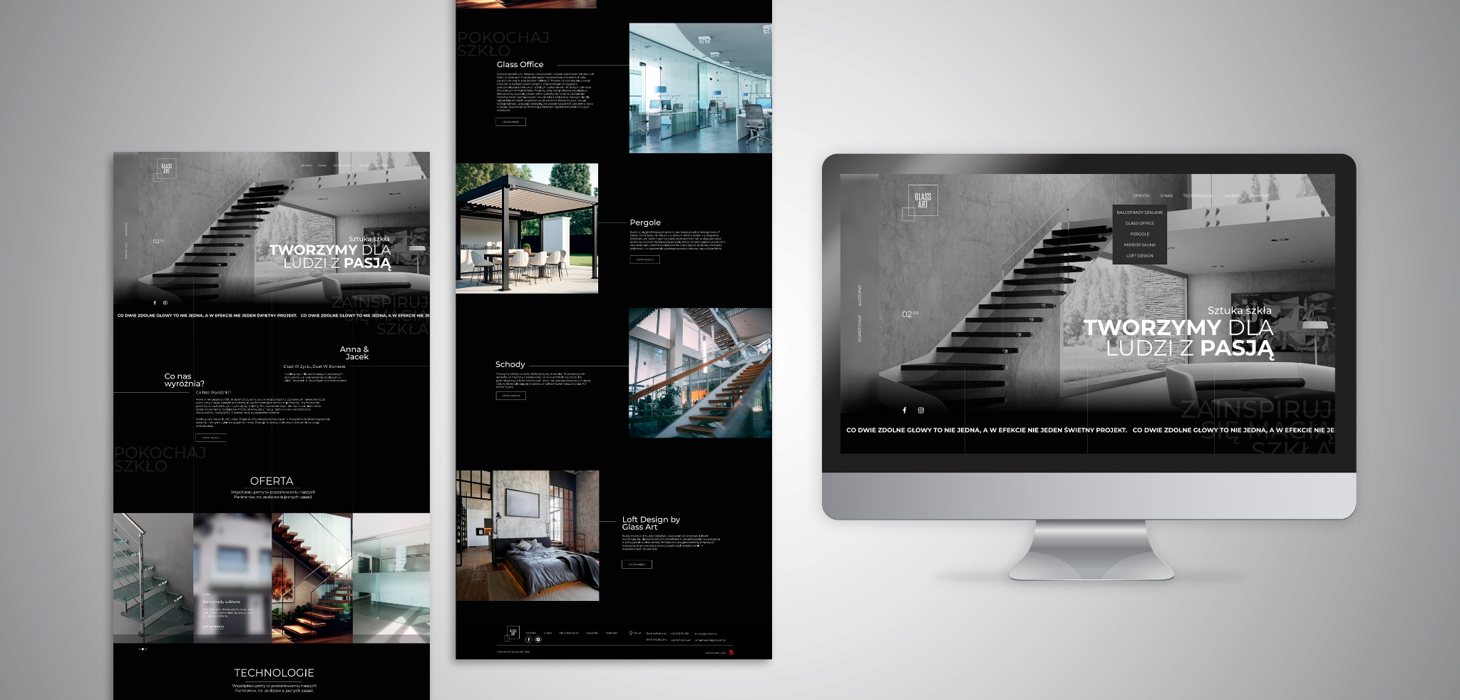 Wyświetlacz komputera prezentujący stronę internetową firmy szklarskiej z minimalistycznym projektem schodów i hasłem 'Tworzymy dla ludzi z pasją'.