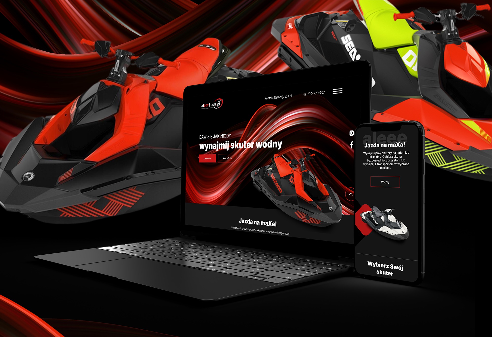 Laptop i smartfon prezentują stronę internetową z ofertą wynajmu skuterów wodnych, z dwoma skuterami wodnymi w tle.