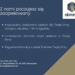 Grafika reklamowa z hasłem 'Z nami poczujesz się zaopiekowany', listą korzyści (indywidualny opiekun, comiesięczna wizyta, informacje o finansach), logo 'abramo accounting' oraz danymi kontaktowymi.
