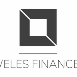 Minimalistyczne logo firmy Weles Finances, przedstawiające szary kwadrat z wyciętym białym kwadratem w środku, umieszczone nad nazwą firmy napisaną cienkimi, szarymi literami.