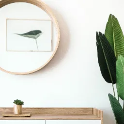 Minimalistyczna komoda z białymi frontami i drewnianym blatem, okrągłe lustro z drewnianą ramą, grafika z motywem liścia i zielona roślina doniczkowa tworzą spójną aranżację ścienną.