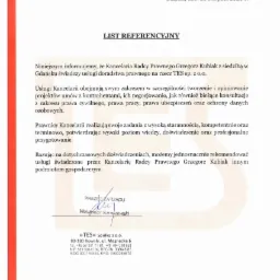 Skan listu referencyjnego od Kancelarii Radcy Prawnego Grzegorza Kubiaka dla firmy TES Sp. z o.o. z Gdańska, datowany na 28 sierpnia 2020 roku, potwierdzający świadczenie usług doradztwa prawnego...