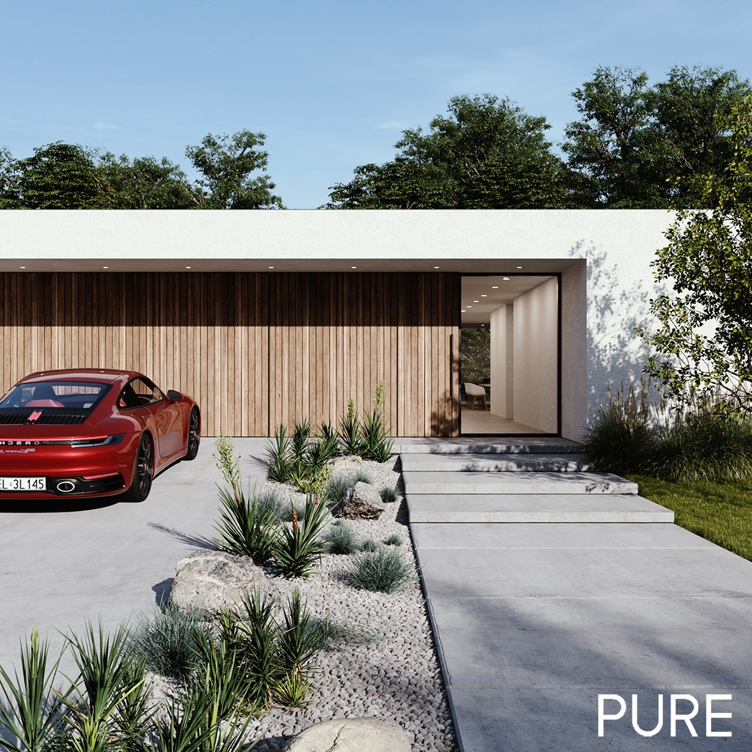 Wizualizacja nowoczesnego domu z płaskim dachem, drewnianą bramą garażową i czerwonym Porsche zaparkowanym na podjeździe, otoczonego minimalistycznym ogrodem z kamieniami i roślinami.