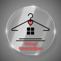 Logo firmy sprzątającej: wieszak w kształcie domu z sercem na haczyku, napis 'Usługi Sprzątające' na szklanym tle.