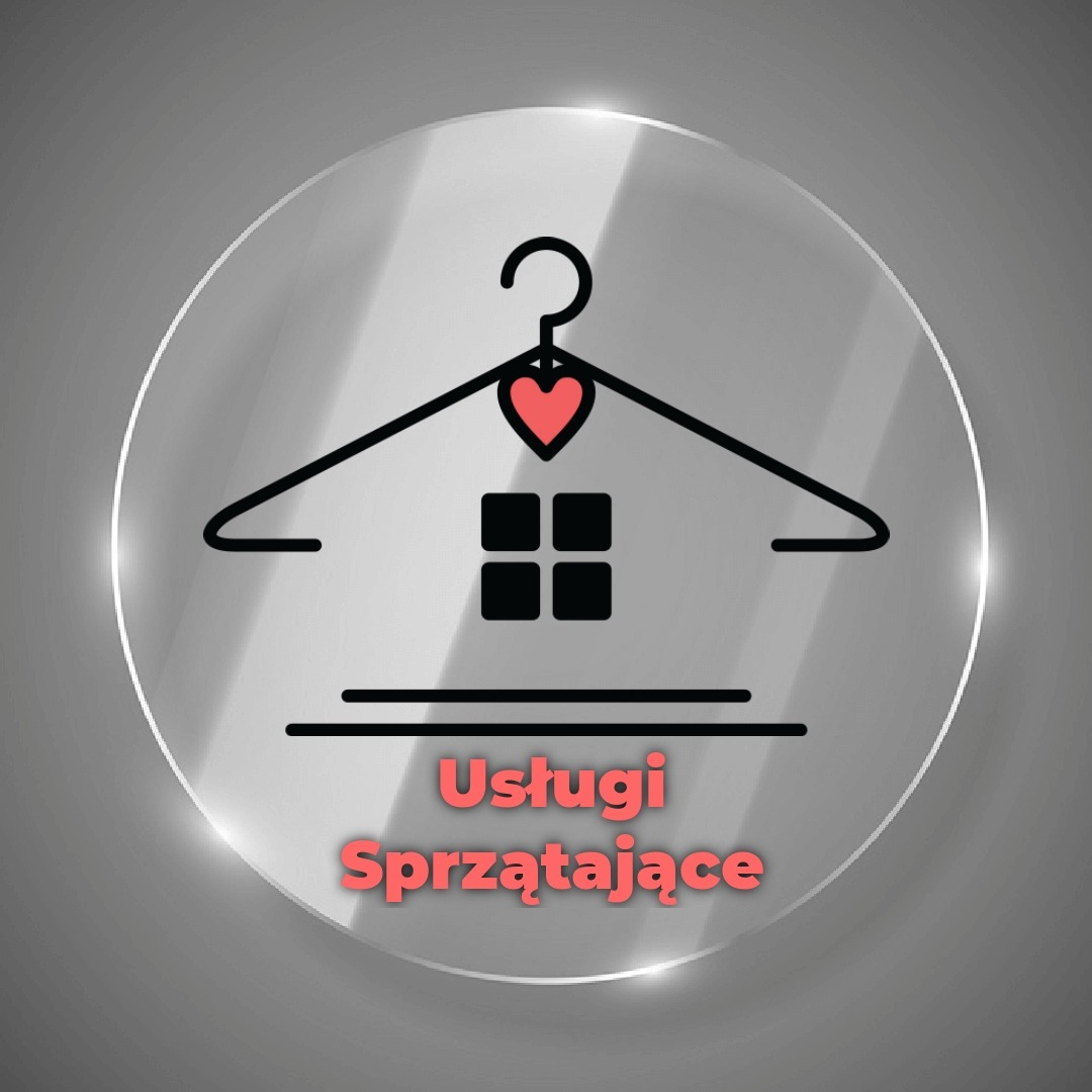 Logo firmy sprzątającej: wieszak w kształcie domu z sercem na haczyku, napis 'Usługi Sprzątające' na szklanym tle.
