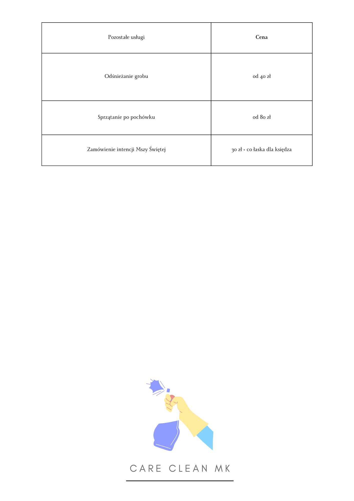 Grafika przedstawia cennik usług, w tym odśnieżanie grobu i sprzątanie po pochówku, oraz logo firmy Care Clean MK z ikoną dłoni w rękawicy trzymającej butelkę ze spryskiwaczem.