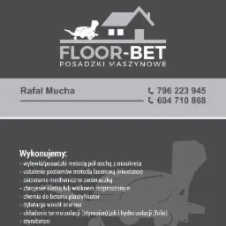 Logo firmy FLOOR-BET Posadzki Maszynowe z grafiką mixokreta i domu, dane kontaktowe i lista wykonywanych usług.