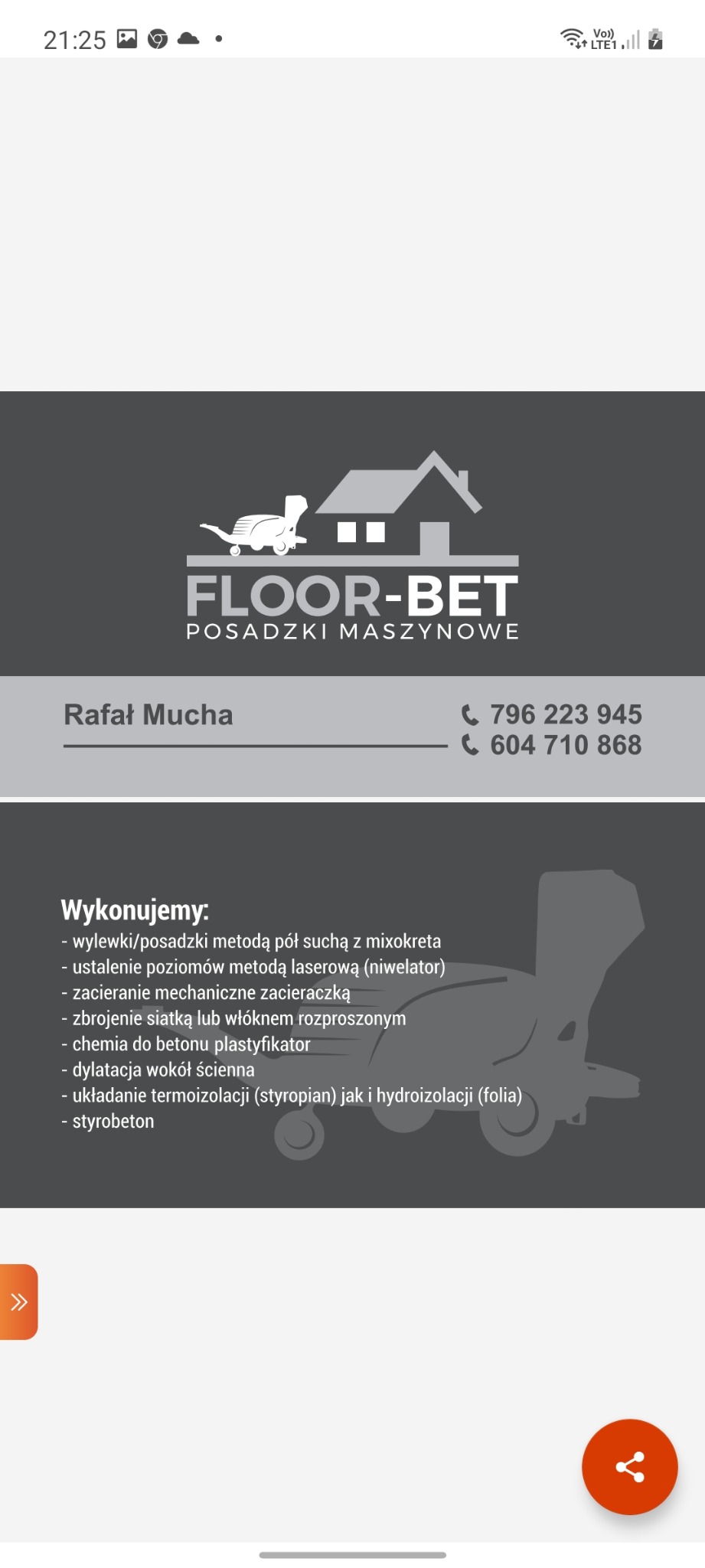 Logo firmy FLOOR-BET Posadzki Maszynowe z grafiką mixokreta i domu, dane kontaktowe i lista wykonywanych usług.