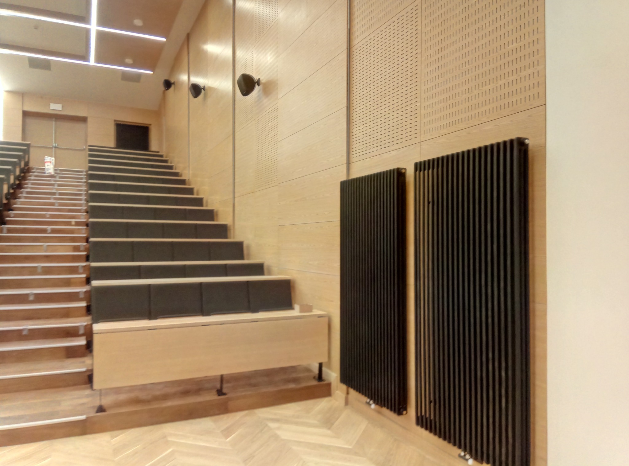 Aula z drewnianymi schodami i panelami akustycznymi na ścianach, dwa czarne grzejniki płytowe na ścianie, parkiet ułożony we wzór jodełki.