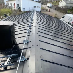 Nowy, czarny dach z blachy na domu jednorodzinnym, widoczne zabezpieczenia dachowe, komin i drabina dekarska.