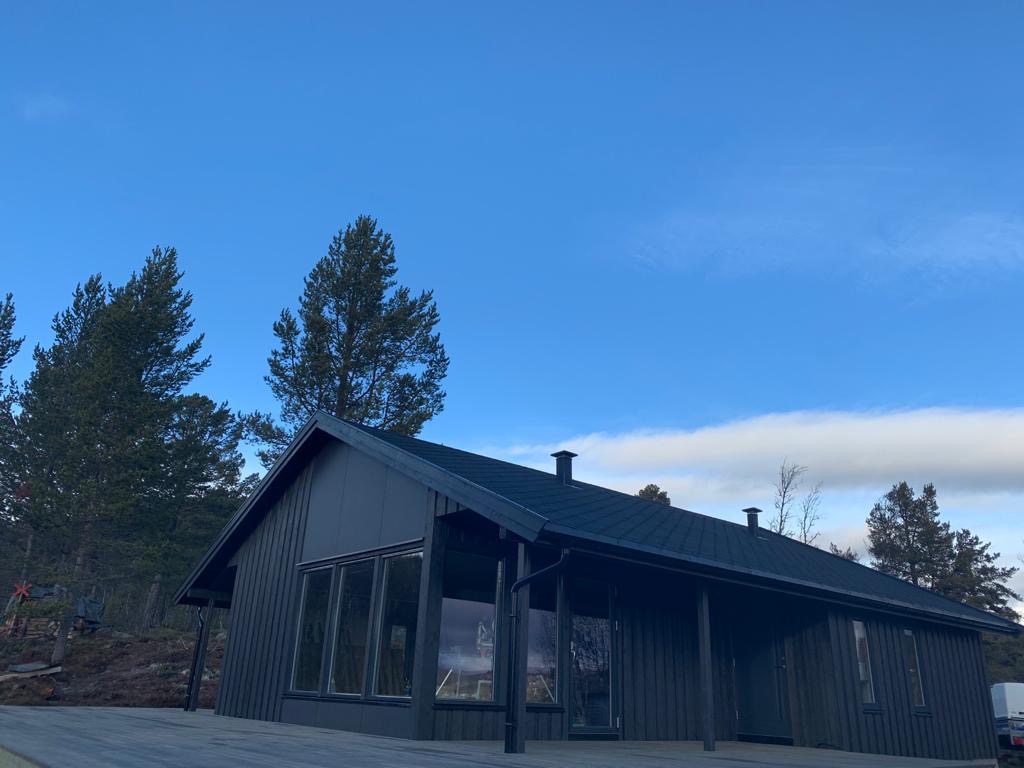 Czarny, nowoczesny dom z ciemnym dachem na tle błękitnego nieba z chmurami i wysokich drzew iglastych.