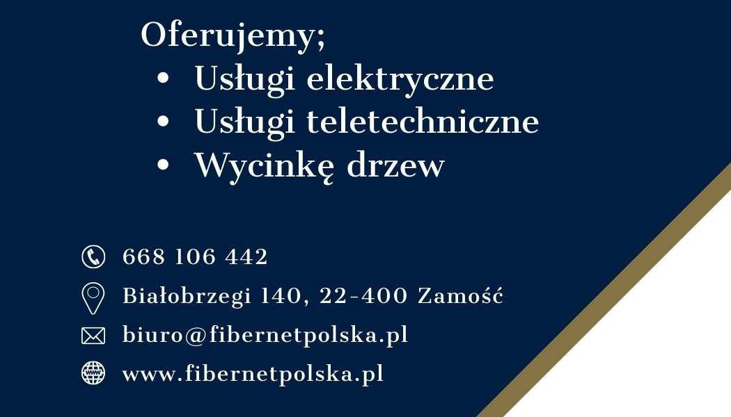 Grafika reklamowa firmy oferującej usługi elektryczne, teletechniczne i wycinkę drzew z numerem telefonu, adresem i adresem e-mail na ciemnoniebieskim tle z elementami w kolorze złamanej bieli.
