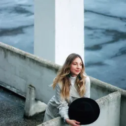 Kobieta w jasnym płaszczu i czarnym kapeluszu, oparta o betonową barierkę na tle parkingu, patrzy w dal.