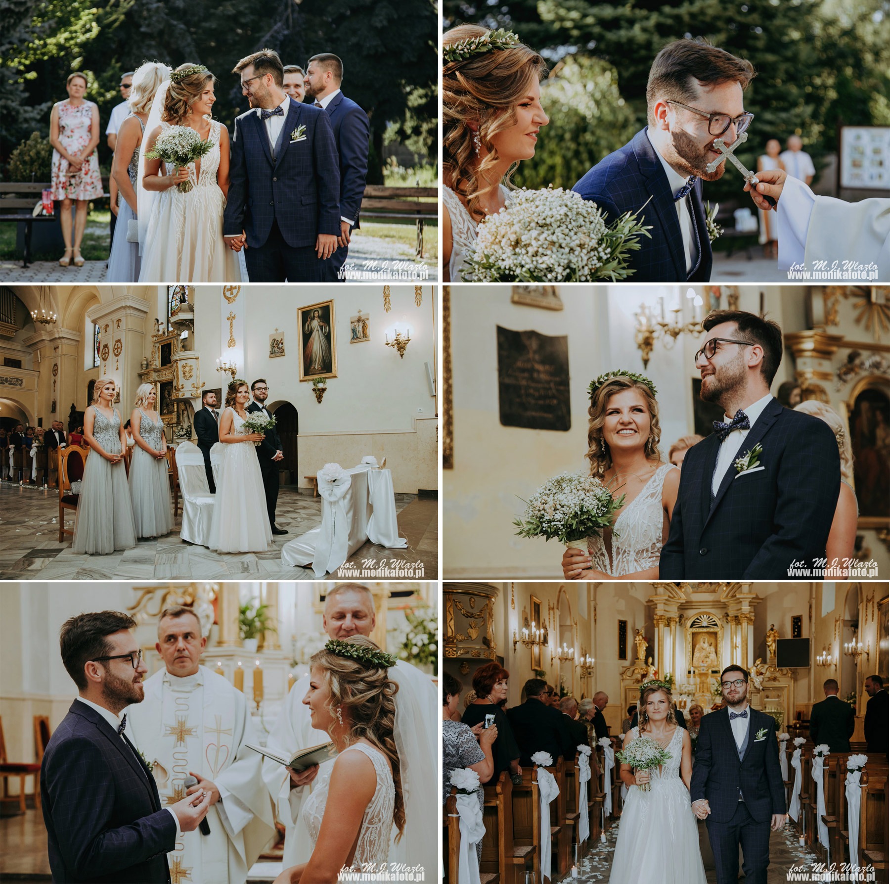 Zestaw zdjęć z ceremonii ślubnej w kościele, ukazujących parę młodą w różnych momentach: błogosławieństwo krzyżem, przysięga małżeńska oraz wyjście z kościoła, z gośćmi w tle.