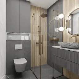 Wizualizacja łazienki w odcieniach szarości i beżu z marmurową umywalką nablatową, kabiną prysznicową typu walk-in ze złotymi okuciami, podwieszaną toaletą i szafkami w zabudowie, oświetlona lampą...