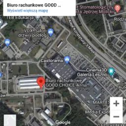 Mapa satelitarna z zaznaczoną lokalizacją biura rachunkowego GOOD CHOICE Anna w Lesznie, w pobliżu Castoramy i Cinema3D Galeria Leszno.