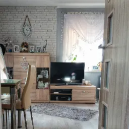 Jasne wnętrze salonu z ceglaną ścianą, drewnianymi meblami, telewizorem i puszystym dywanem, widok zza otwartych drzwi.