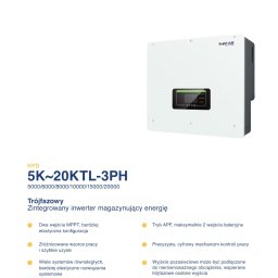 Adam Kurka Fotowoltaika i Pompy Ciepła - Biały, trójfazowy inwerter magazynujący energię SOFAR HYD 5K~20KTL-3PH z widocznym panelem sterowania i informacjami o parametrach pracy.