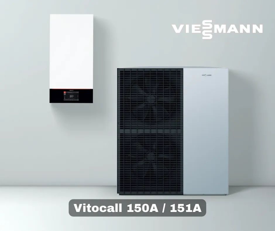 Biała, wisząca jednostka wewnętrzna obok dużej, szarej jednostki zewnętrznej z czarną kratką wentylacyjną, model Vitocall 150A/151A, logo Viessmann w górnym rogu, na tle jasnoszarej ściany i podłogi.