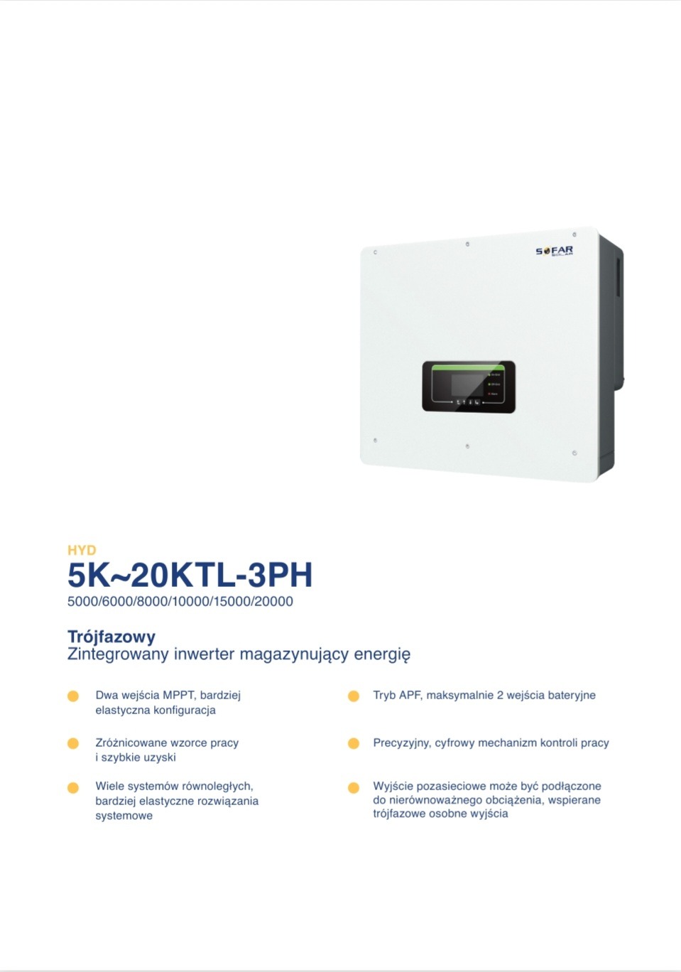 Biały, trójfazowy inwerter magazynujący energię SOFAR HYD 5K~20KTL-3PH z widocznym panelem sterowania i informacjami o parametrach pracy.