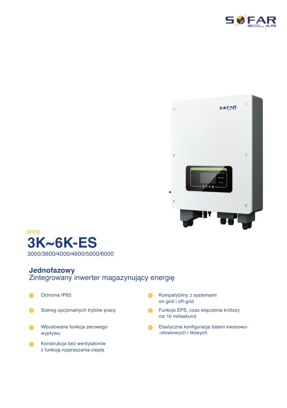 Biały, jednofazowy inwerter magazynujący energię SOFAR HYD 3K~6K-ES z widocznym panelem sterowania i podstawą, na białym tle z logotypem producenta w górnym rogu.