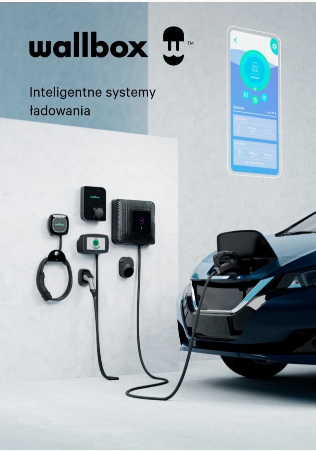 Zestaw stacji ładowania Wallbox zamontowanych na ścianie, z podłączonym kablem do ładowania niebieskiego samochodu elektrycznego; w tle widoczny interfejs aplikacji mobilnej do zarządzania ładowaniem.