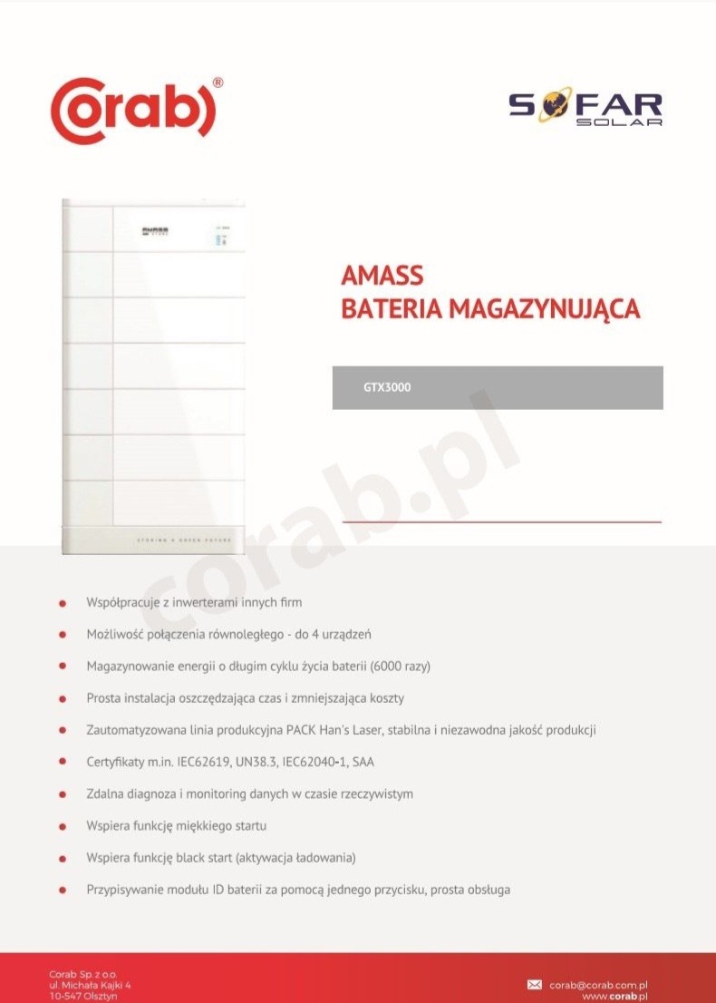 Grafika prezentująca baterię magazynującą energię AMASS GTX3000, z logo producentów Corab i Sofar Solar, oraz listą jej cech i certyfikatów.