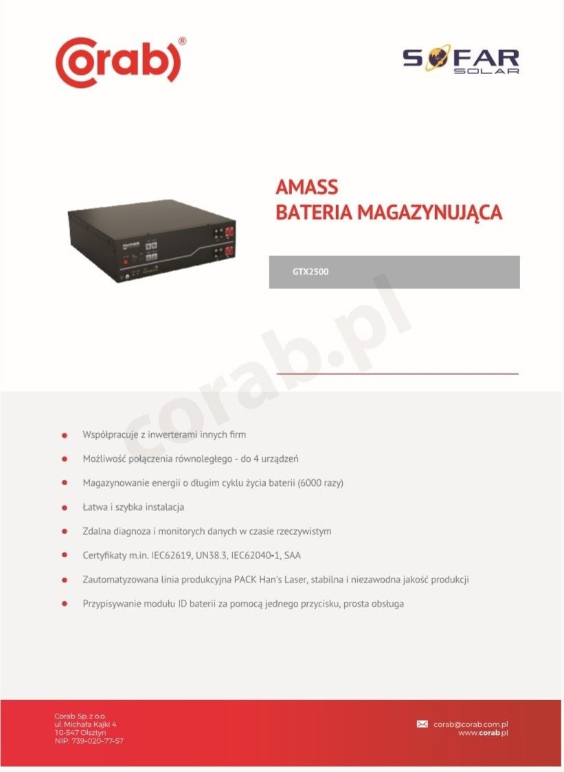 Karta katalogowa akumulatora energii AMASS GTX2500 firm Corab i Sofar Solar z opisem parametrów i możliwości, takich jak współpraca z inwerterami, połączenie równoległe do 4 urządzeń, długi cykl...