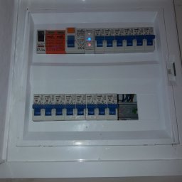 Rafał Fofo - Otwarta skrzynka rozdzielcza z zainstalowanymi bezpiecznikami automatycznymi Bemko i Kanlux, widoczne przewody elektryczne.