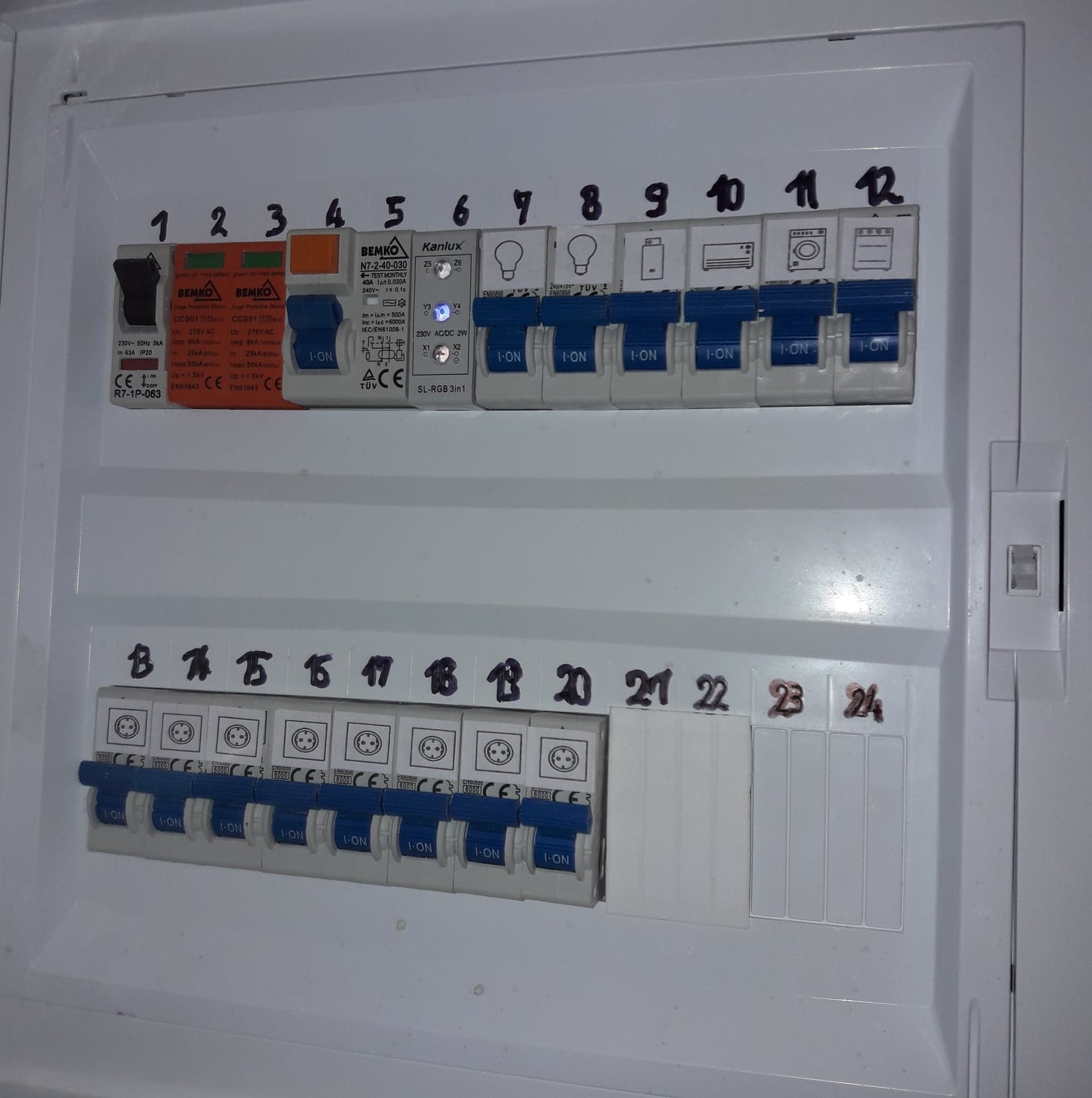 Rozdzielnia elektryczna w obudowie, z ponumerowanymi bezpiecznikami i wyłącznikami, część z nich w pozycji 'włączone'.