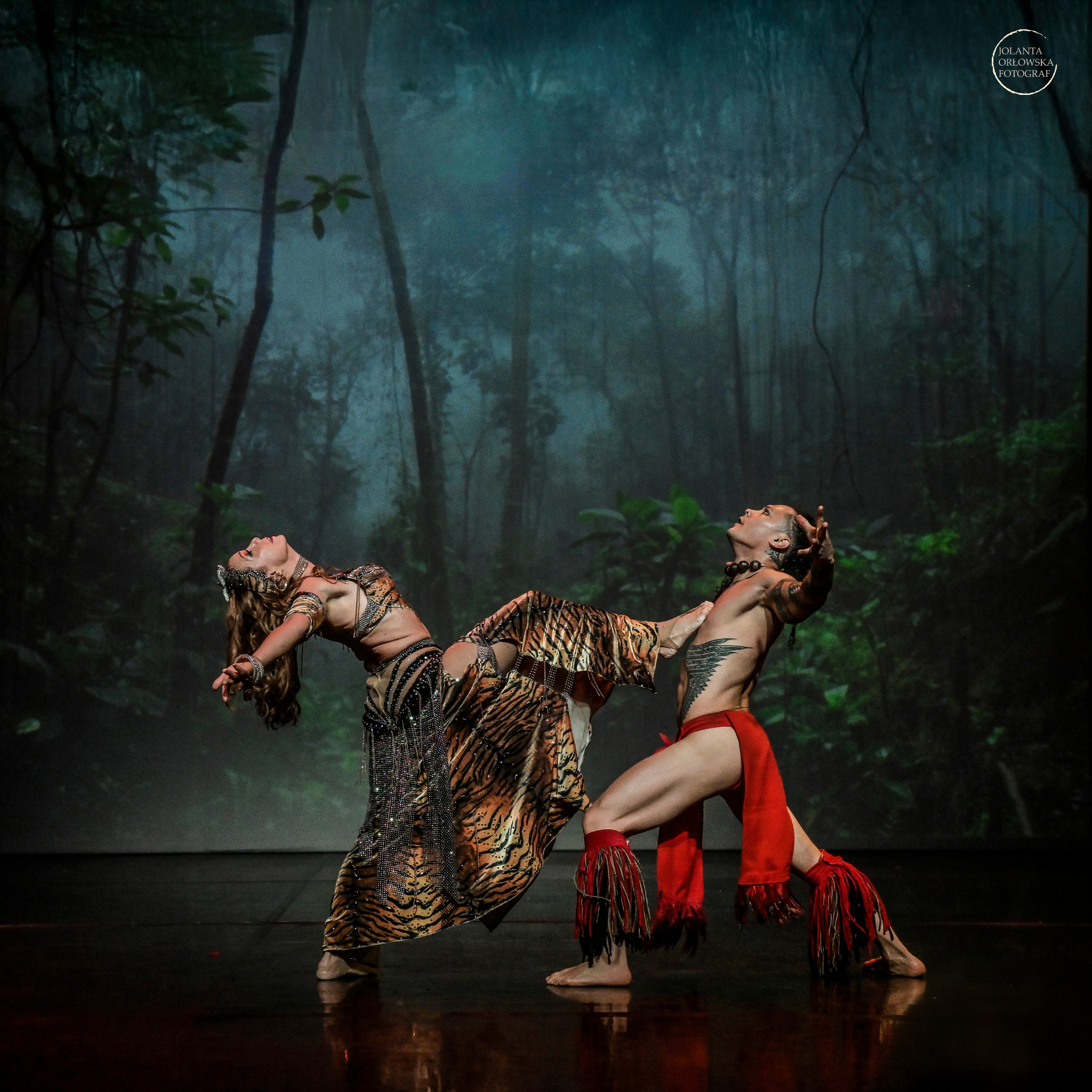 Dwoje tancerzy w kostiumach z motywem tygrysa i czerwieni w dynamicznej pozie na tle projekcji leśnej, oświetlenie sceniczne podkreśla ruch i ekspresję.