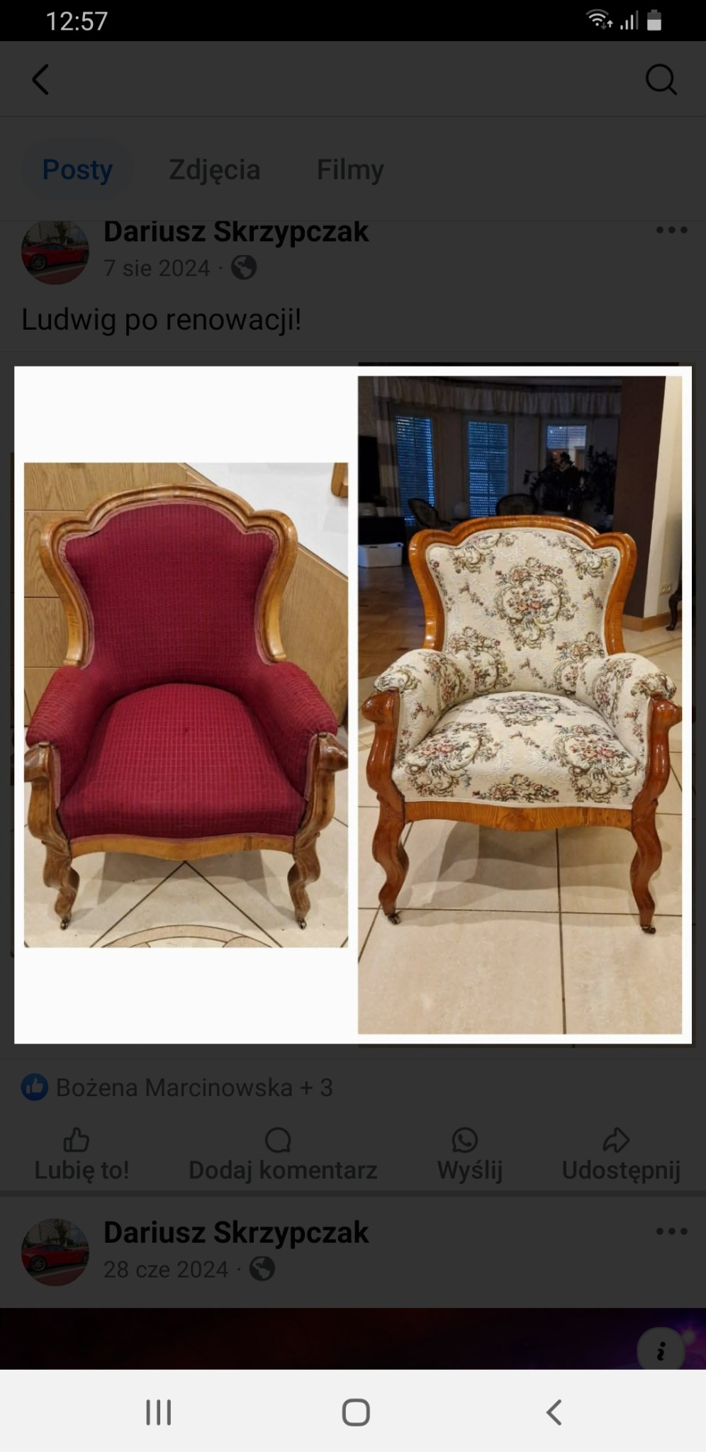 Renowacja fotela Ludwik: po lewej fotel przed, z czerwoną tapicerką; po prawej fotel po renowacji, z jasną tapicerką w kwiaty. Drewniane elementy odnowione.