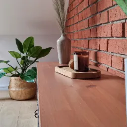 Fragment pokoju z roślinami w doniczkach, świecą na drewnianej tacy, wazonem z suszonymi trawami i dekoracyjną ścianą z cegły.