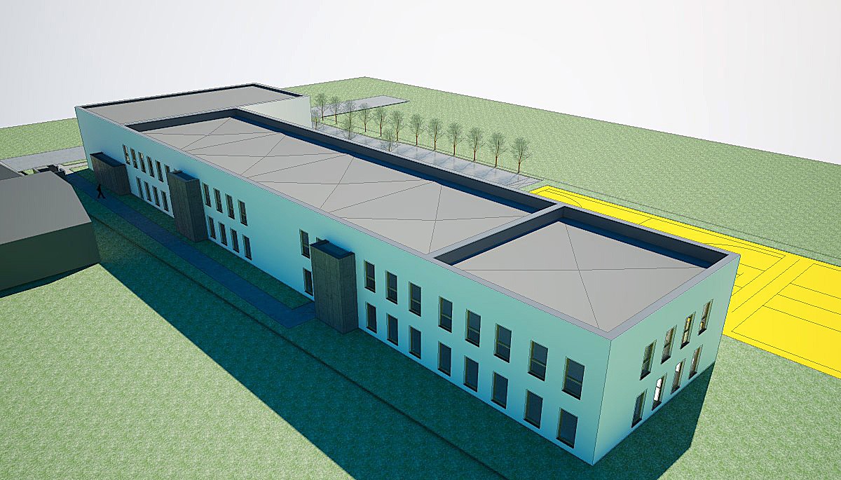 Wizualizacja 3D biurowca z płaskim dachem i rzędem okien, otoczonego trawnikiem, z widocznymi ścieżkami i elementami zagospodarowania terenu.