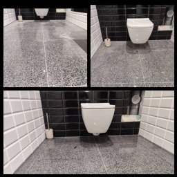 Micare serwis czystości - Kolaż przedstawiający fragment łazienki przed i po czyszczeniu, widoczna wisząca toaleta, czarno-białe płytki i szczotka do WC