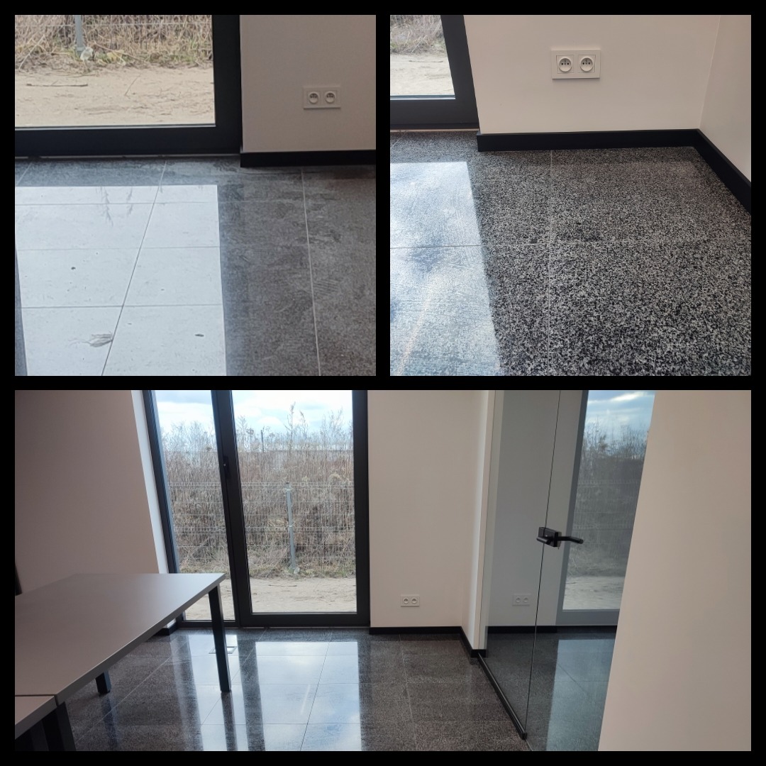 Kolaż trzech ujęć wnętrza biurowego: zbliżenie na błyszczącą podłogę z płytek w dwóch wariantach kolorystycznych oraz widok na puste pomieszczenie z dużymi oknami i biurkiem, gotowe do użytku.