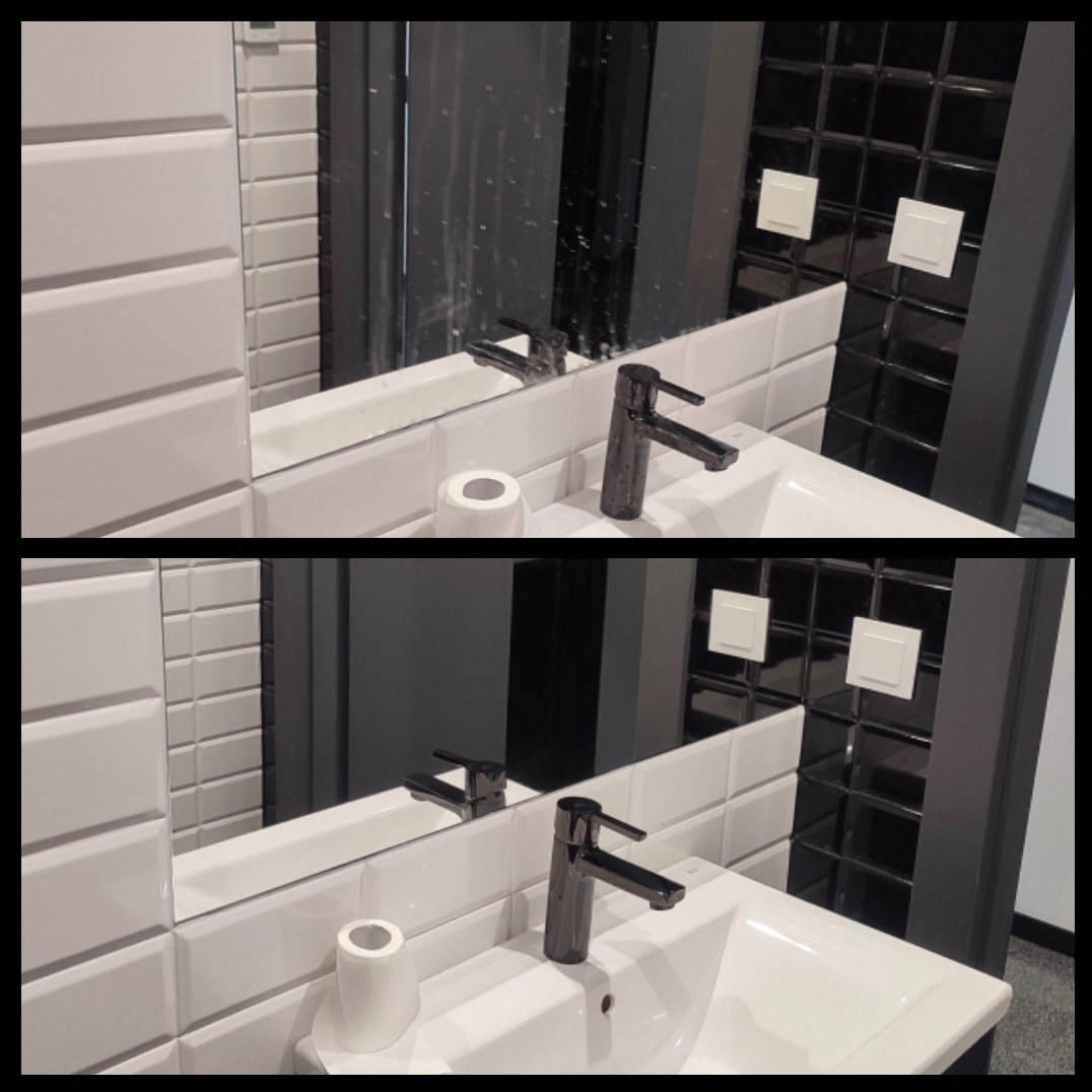 Zdjęcie 'przed i po' przedstawiające lustro nad umywalką z czarną armaturą; górna część pokazuje lustro z widocznymi zaciekami, a dolna część prezentuje czyste, lśniące lustro.