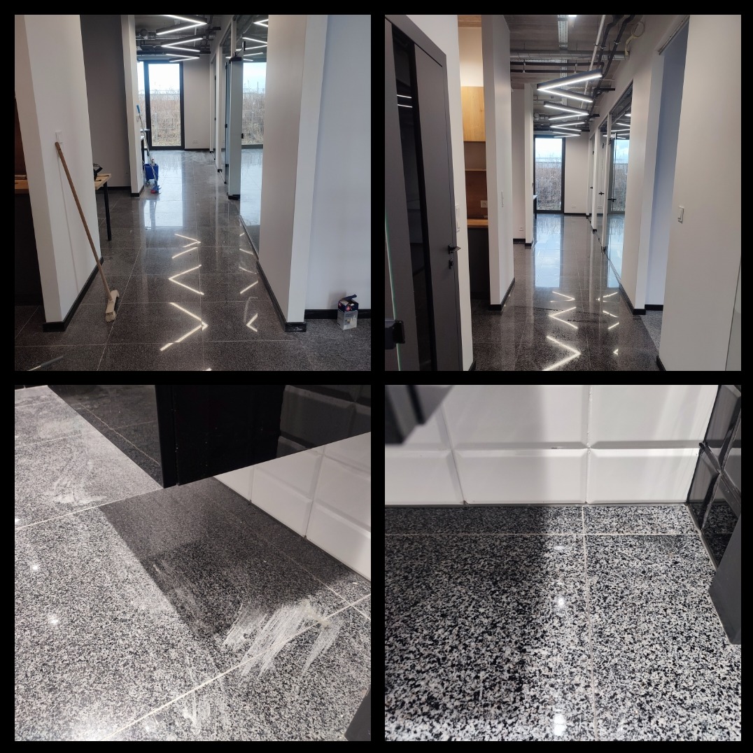 Błyszcząca, ciemna posadzka w biurze po umyciu, widoczne ślady czyszczenia przy listwach przypodłogowych, w tle mop i wiadro.