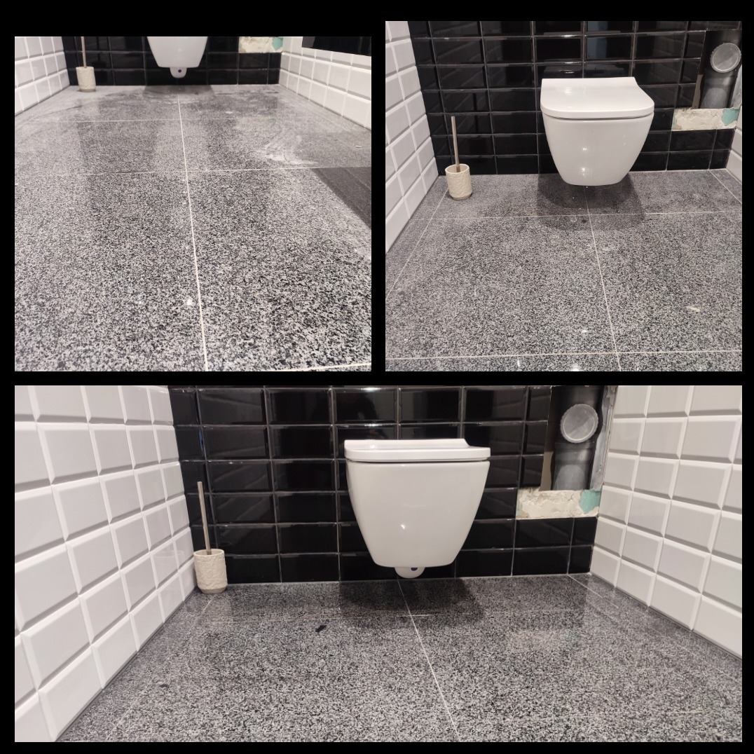 Kolaż przedstawiający fragment łazienki przed i po czyszczeniu, widoczna wisząca toaleta, czarno-białe płytki i szczotka do WC